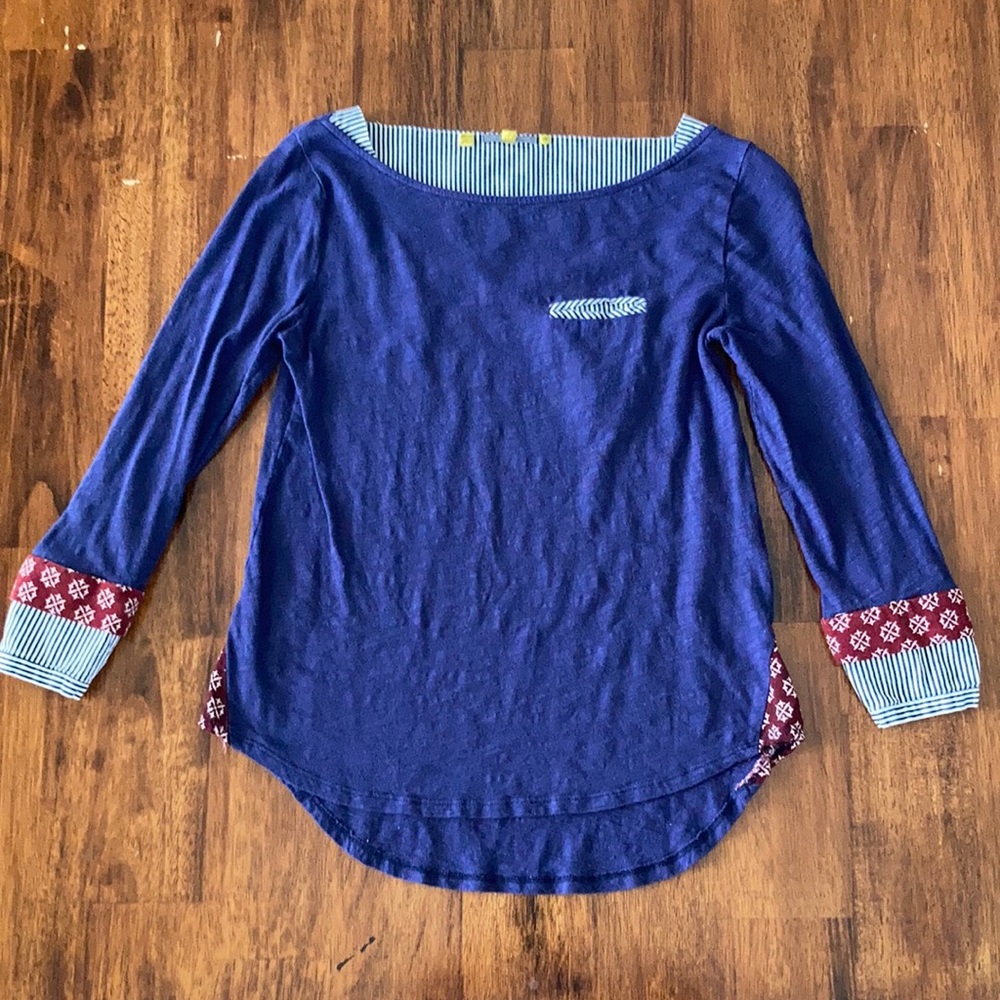 Anthropologie Navy Boatneck Blouse Cuff Detail Shirt Top Little Yellow Button XS